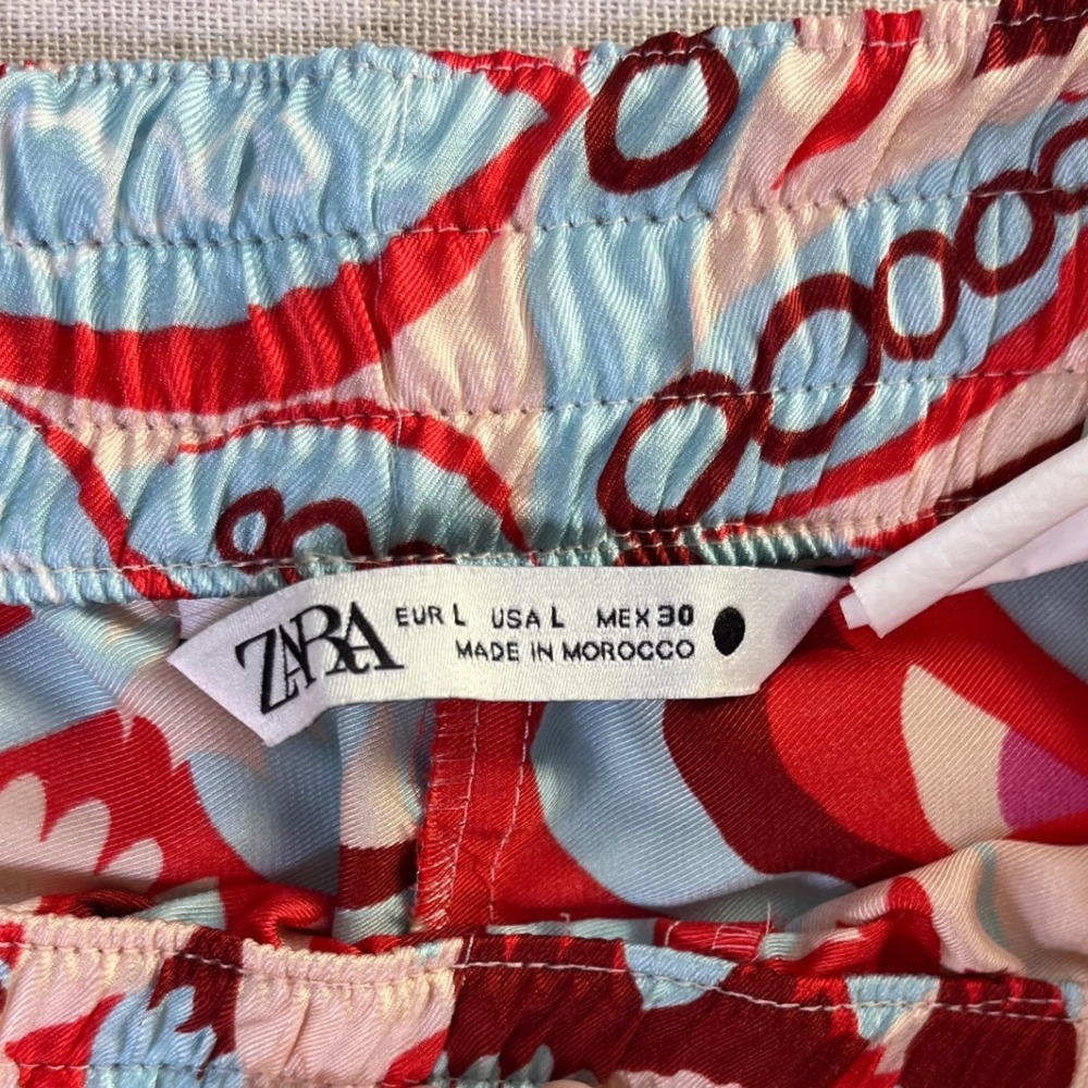 Zara Boho Wide Leg Scarf Print Pants Beige Pink Red Womens sz L Resortwear Flowy - Picture 2 of 8